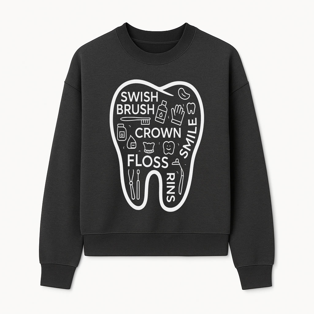 Dental Hygiene and Care Graphic Art Print - Tooth Icon with Swish, Brush, Floss, Crown, Smile Themes for Kids & Adults - Sweatshirt 1758250108056.jpg