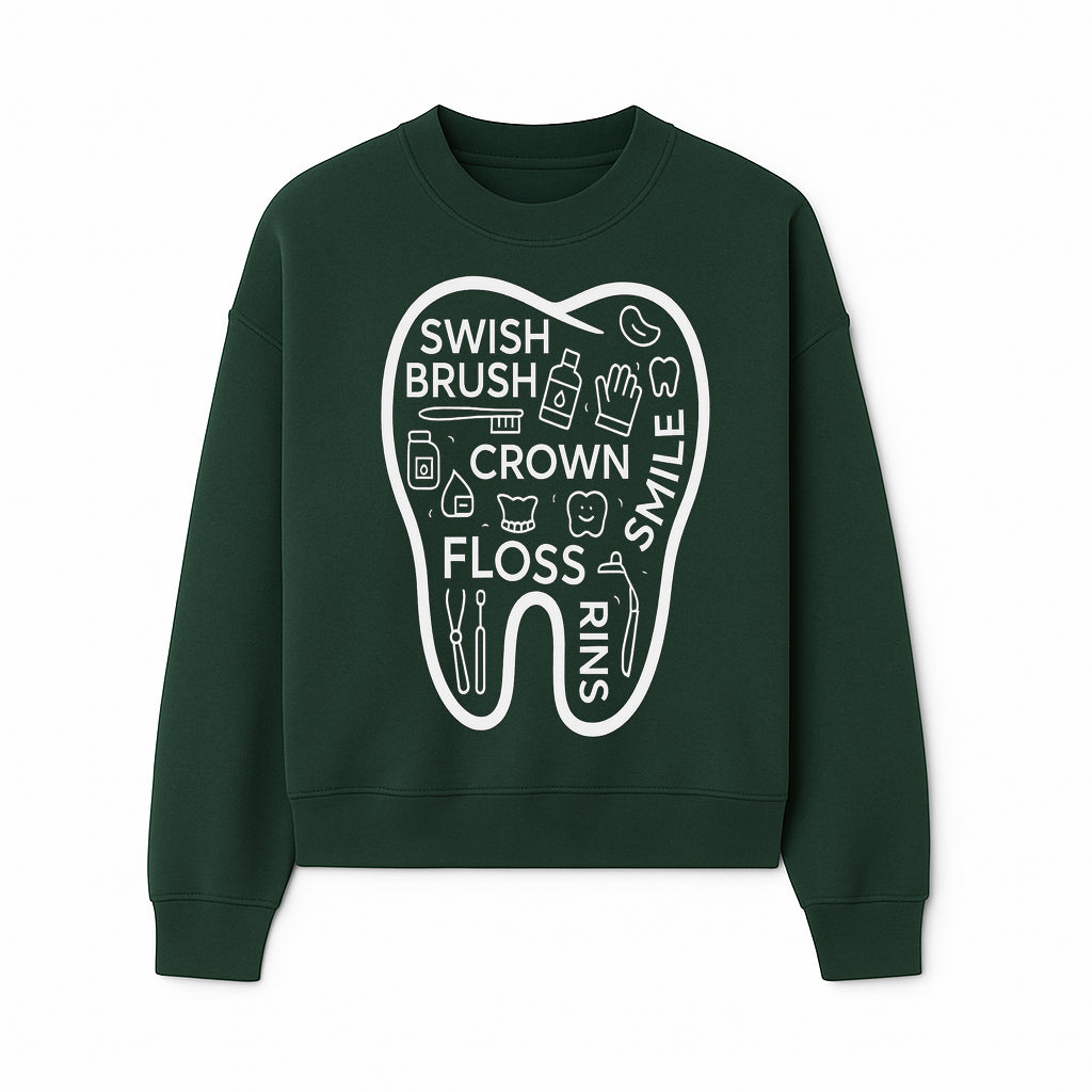 Dental Hygiene and Care Graphic Art Print - Tooth Icon with Swish, Brush, Floss, Crown, Smile Themes for Kids & Adults - Sweatshirt 1758250108221.jpg