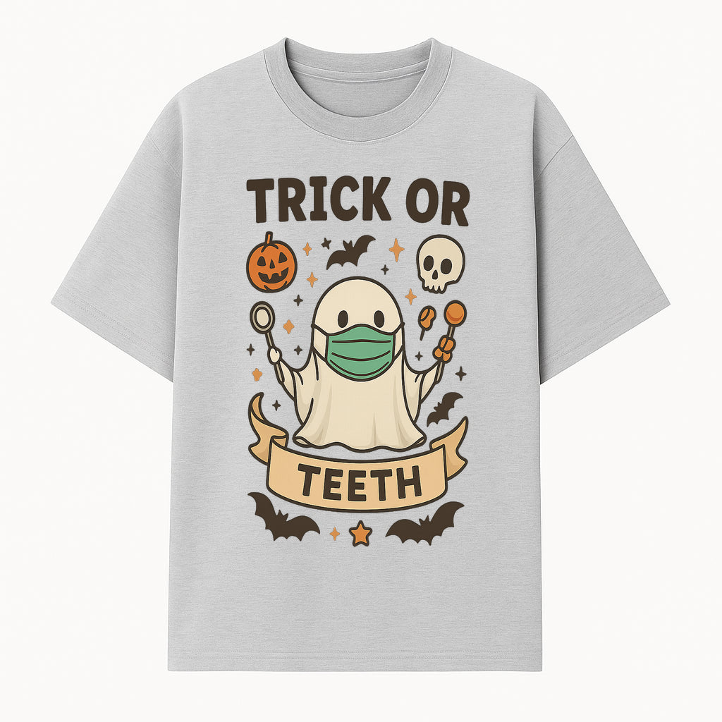 Trick or Teeth Ghost Halloween T-Shirt | Cute Spooky Design | Pumpkin & Skull Graphics | Perfect for Kids and Adults - T-shirt 1758250108306.jpg