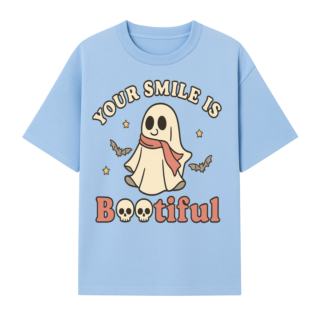 Cute Ghost Your Smile is Bootiful Halloween Design T-Shirt, Spooky Graphic Tee for Kids and Adults, Fun Autumn Apparel - T-shirt 1758250108377.jpg