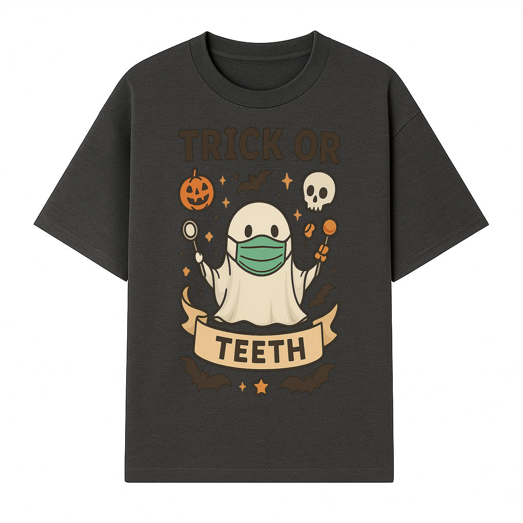 Trick or Teeth Ghost Halloween T-Shirt | Cute Spooky Design | Pumpkin & Skull Graphics | Perfect for Kids and Adults - T-shirt 1758250108604.jpg