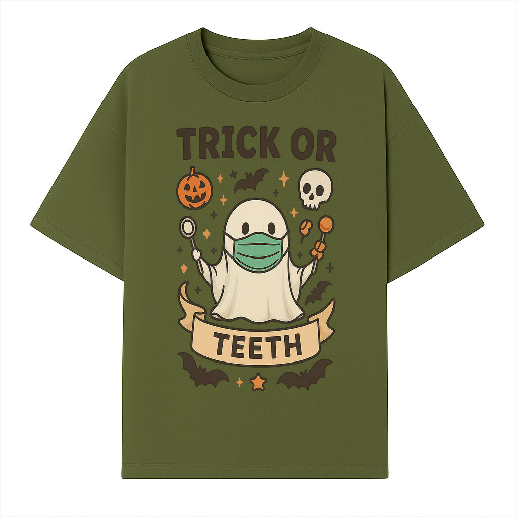 Trick or Teeth Ghost Halloween T-Shirt | Cute Spooky Design | Pumpkin & Skull Graphics | Perfect for Kids and Adults - T-shirt 1758250108764.jpg