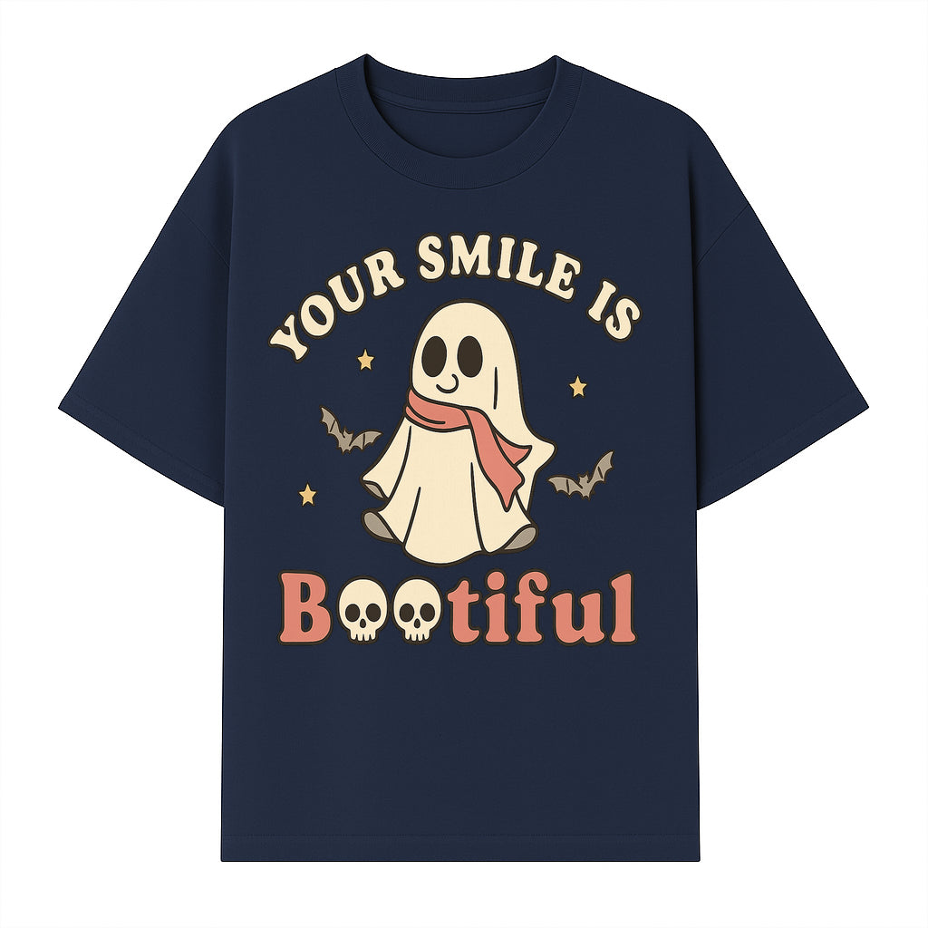Cute Ghost Your Smile is Bootiful Halloween Design T-Shirt, Spooky Graphic Tee for Kids and Adults, Fun Autumn Apparel - T-shirt 1758250108821.jpg