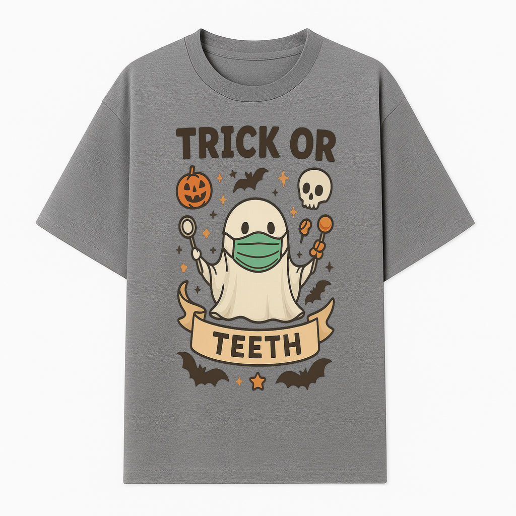 Trick or Teeth Ghost Halloween T-Shirt | Cute Spooky Design | Pumpkin & Skull Graphics | Perfect for Kids and Adults - T-shirt 1758250108908.jpg