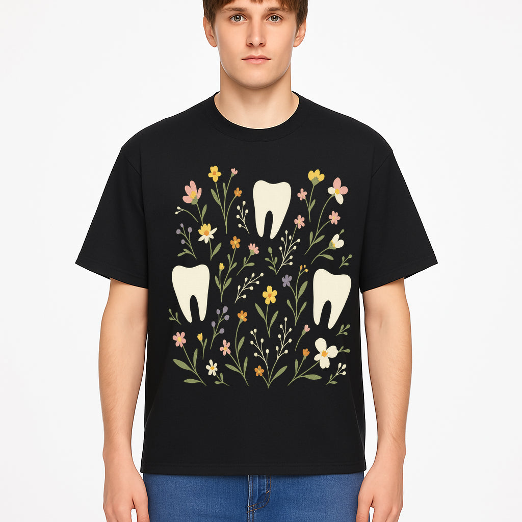 Floral Tooth Pattern Art Print | Cute Dental Decor | Tooth Fairy Nursery Wall Art | Spring Flower Design for Kids Room Decor - T-shirt 1758250109010.jpg
