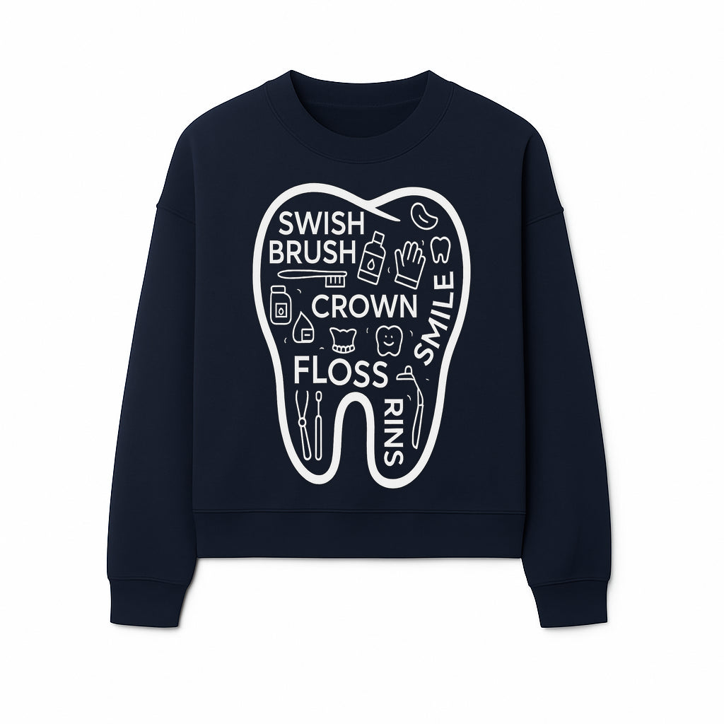 Dental Hygiene and Care Graphic Art Print - Tooth Icon with Swish, Brush, Floss, Crown, Smile Themes for Kids & Adults - Sweatshirt 1758250109054.jpg