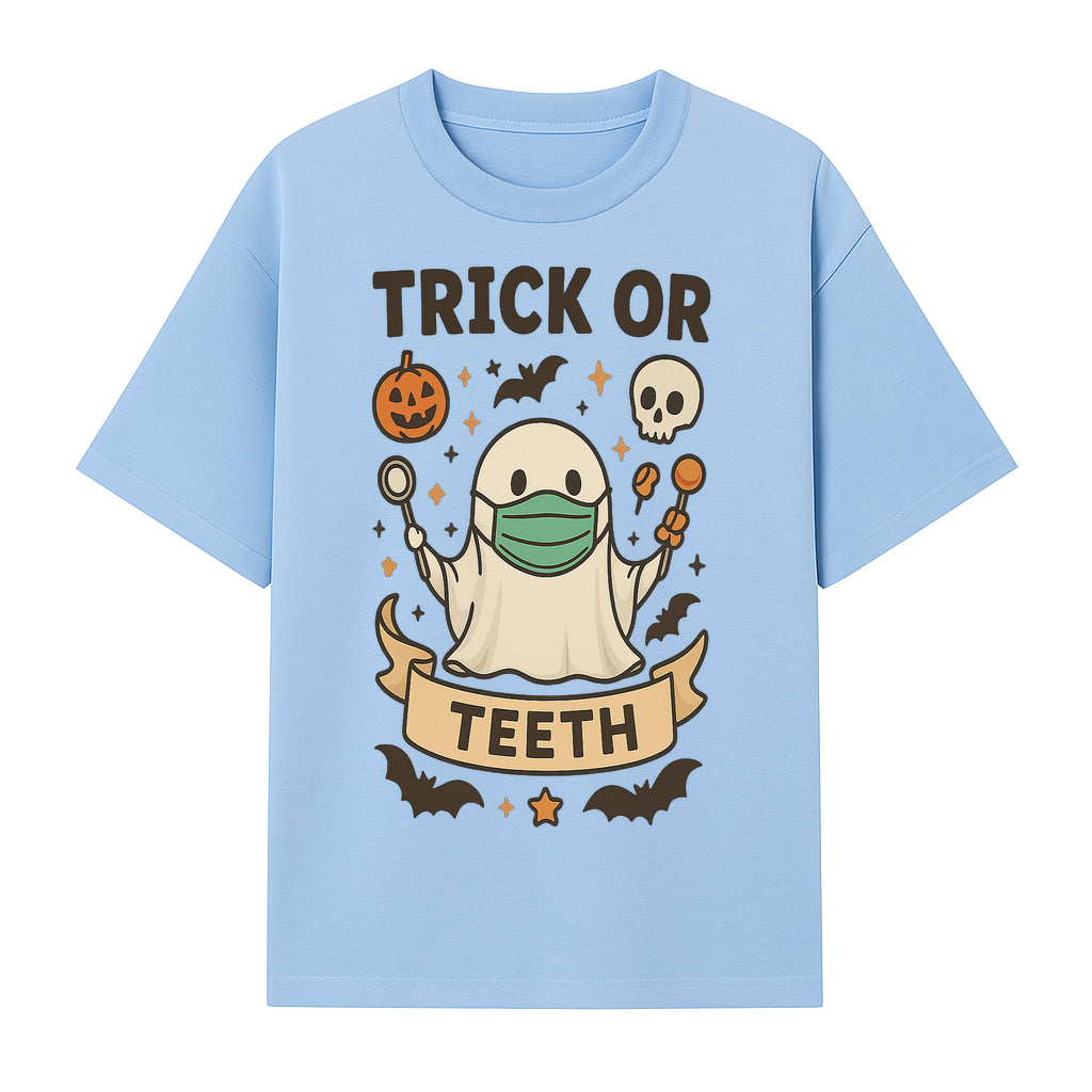 Trick or Teeth Ghost Halloween T-Shirt | Cute Spooky Design | Pumpkin & Skull Graphics | Perfect for Kids and Adults - T-shirt 1758250109056.jpg