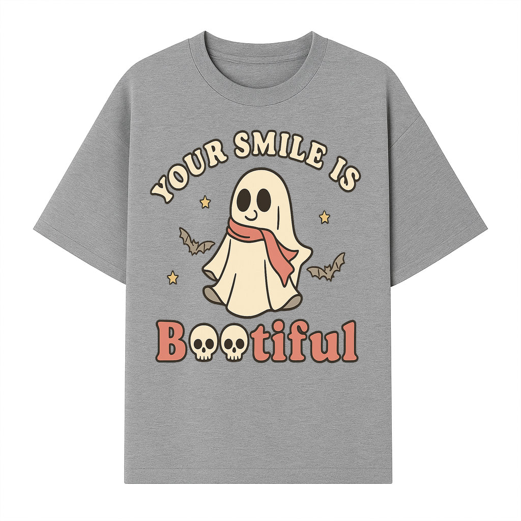 Cute Ghost Your Smile is Bootiful Halloween Design T-Shirt, Spooky Graphic Tee for Kids and Adults, Fun Autumn Apparel - T-shirt 1758250109096.jpg