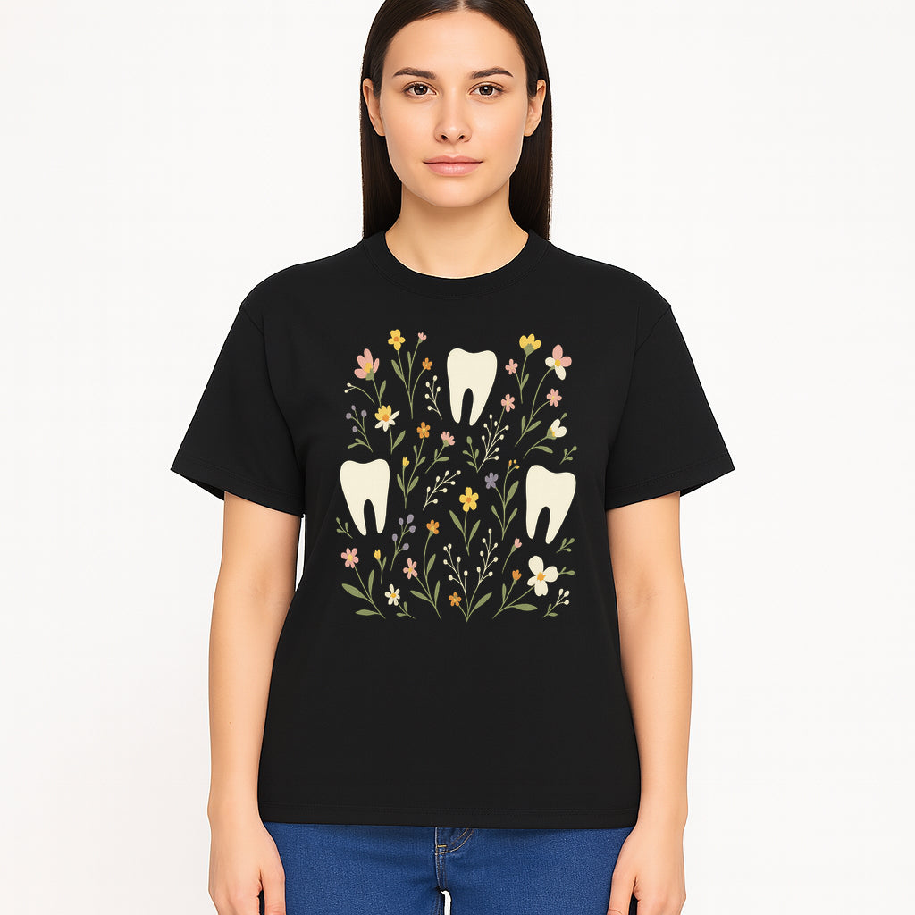 Floral Tooth Pattern Art Print | Cute Dental Decor | Tooth Fairy Nursery Wall Art | Spring Flower Design for Kids Room Decor - T-shirt 1758250109162.jpg