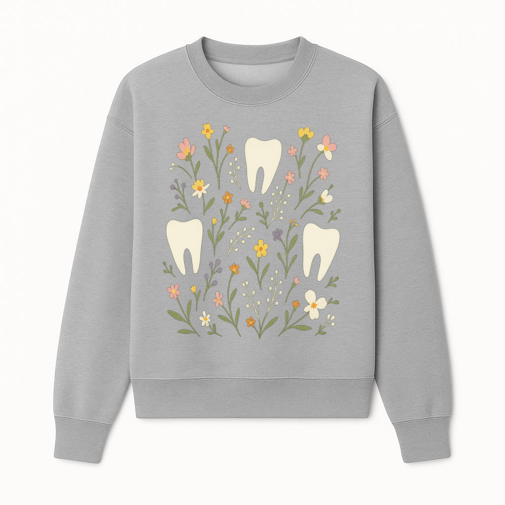 Floral Tooth Pattern Art Print | Cute Dental Decor | Tooth Fairy Nursery Wall Art | Spring Flower Design for Kids Room Decor - Sweatshirt 1758250109336.jpg