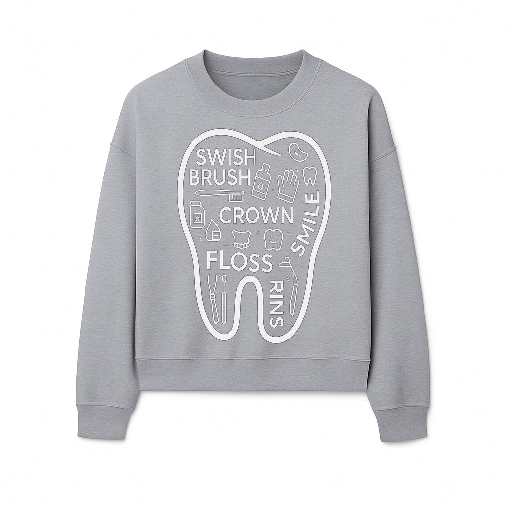 Dental Hygiene and Care Graphic Art Print - Tooth Icon with Swish, Brush, Floss, Crown, Smile Themes for Kids & Adults - Sweatshirt 1758250109430.jpg