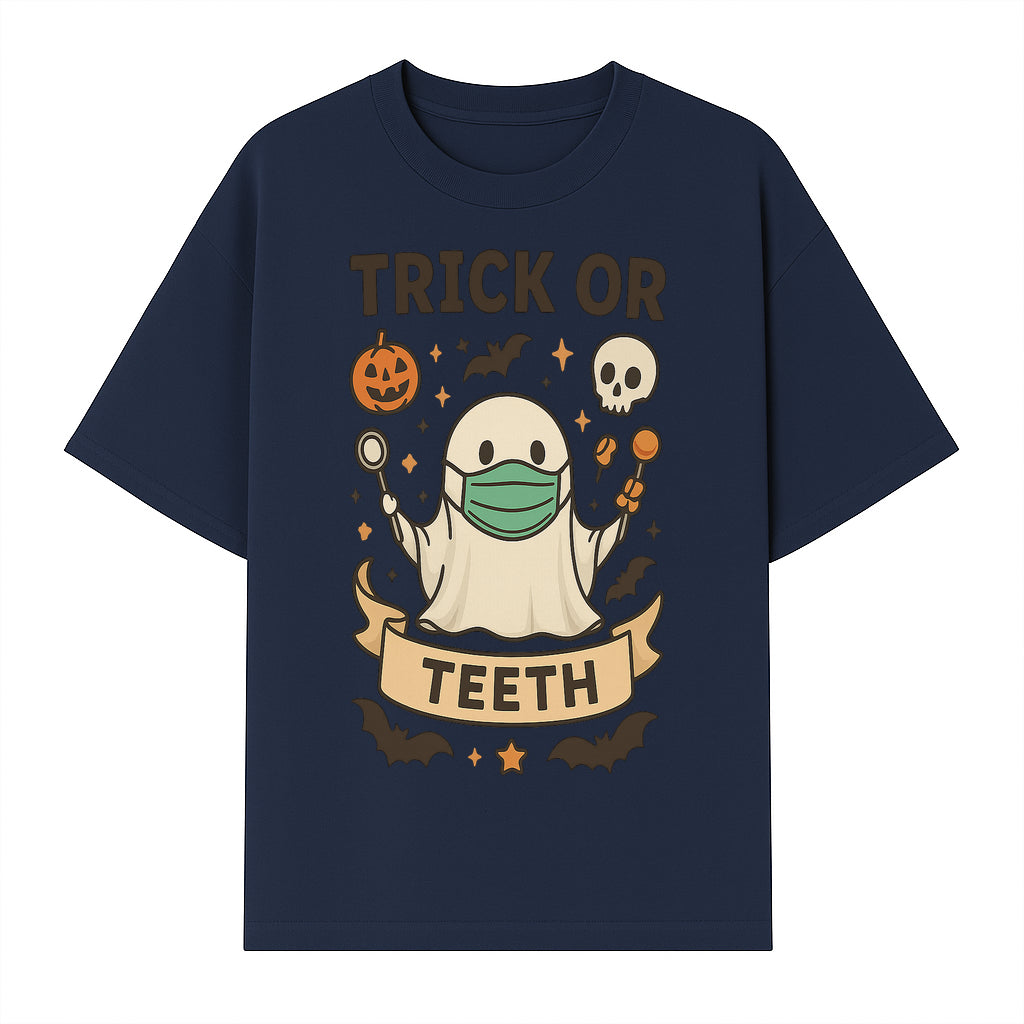 Trick or Teeth Ghost Halloween T-Shirt | Cute Spooky Design | Pumpkin & Skull Graphics | Perfect for Kids and Adults - T-shirt 1758250109435.jpg