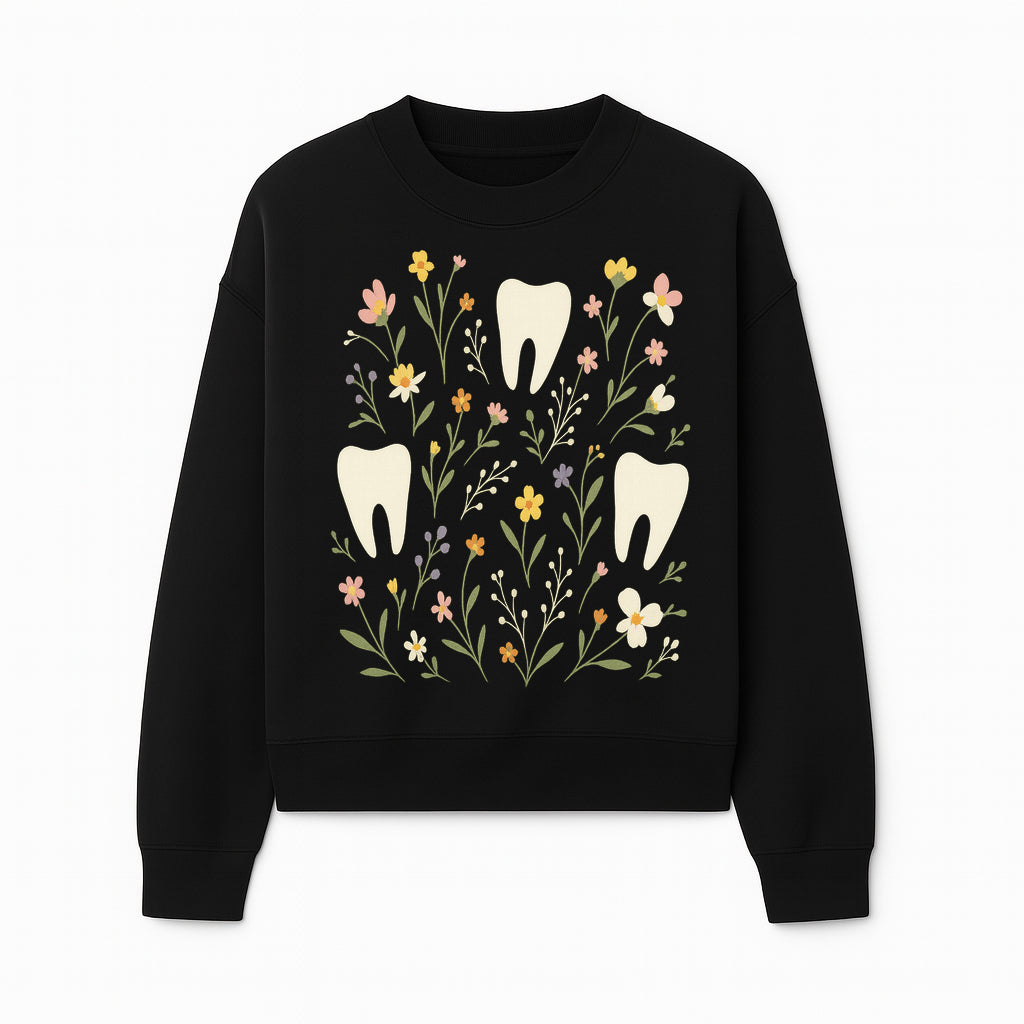 Floral Tooth Pattern Art Print | Cute Dental Decor | Tooth Fairy Nursery Wall Art | Spring Flower Design for Kids Room Decor - Sweatshirt 1758250109479.jpg