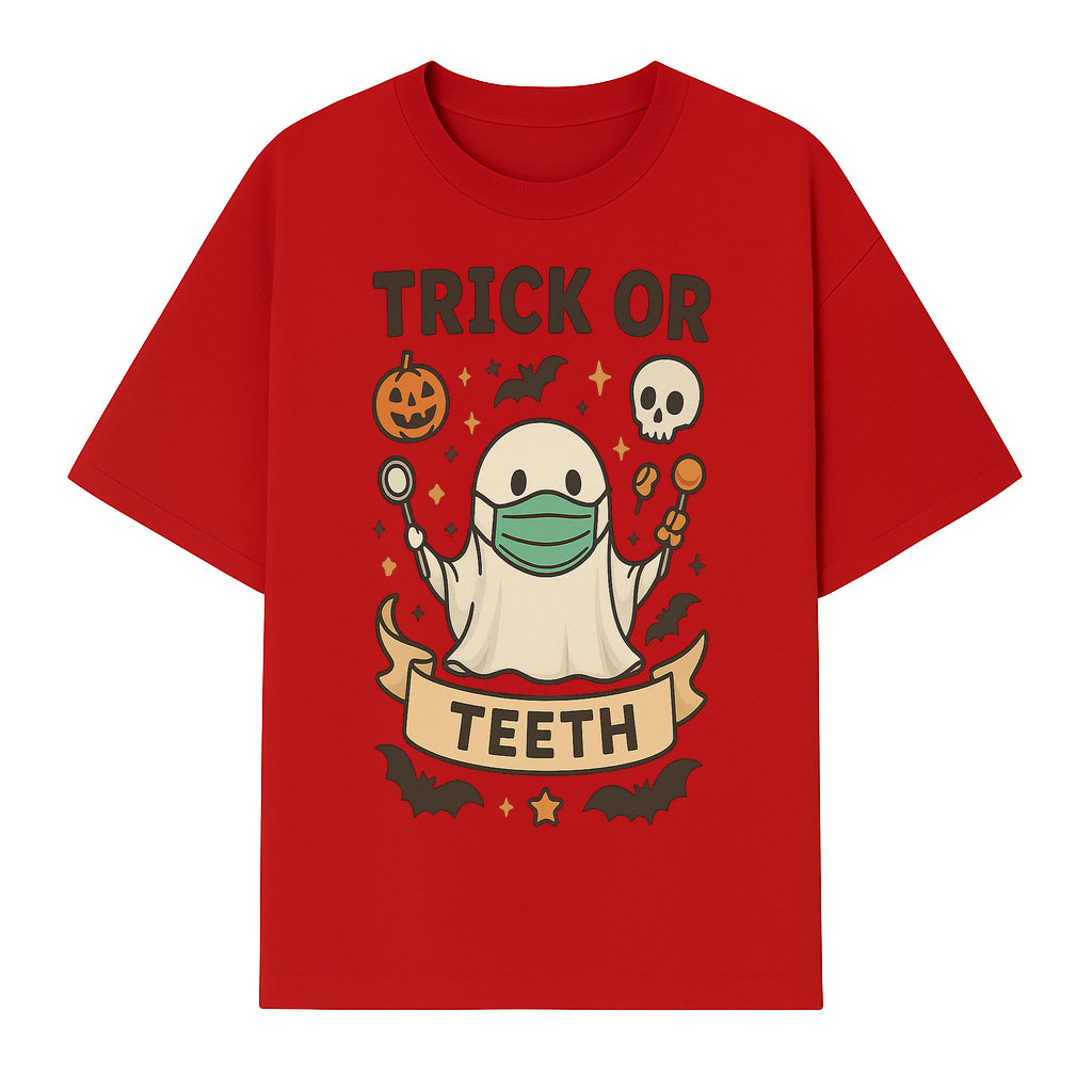 Trick or Teeth Ghost Halloween T-Shirt | Cute Spooky Design | Pumpkin & Skull Graphics | Perfect for Kids and Adults - T-shirt 1758250109580.jpg