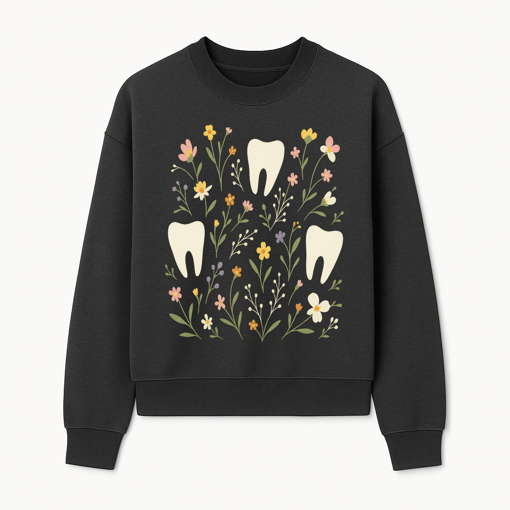 Floral Tooth Pattern Art Print | Cute Dental Decor | Tooth Fairy Nursery Wall Art | Spring Flower Design for Kids Room Decor - Sweatshirt 1758250109615.jpg