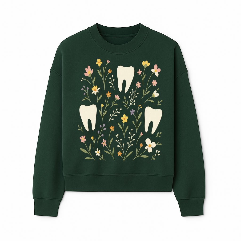 Floral Tooth Pattern Art Print | Cute Dental Decor | Tooth Fairy Nursery Wall Art | Spring Flower Design for Kids Room Decor - Sweatshirt 1758250109754.jpg