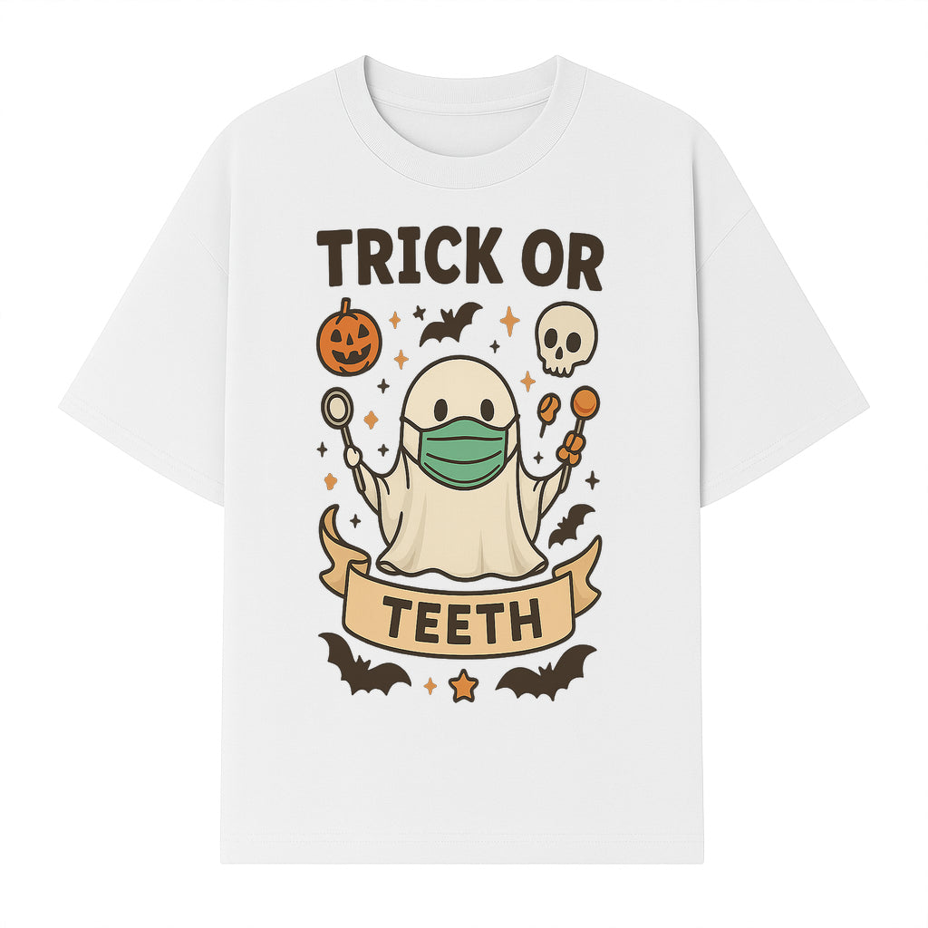 Trick or Teeth Ghost Halloween T-Shirt | Cute Spooky Design | Pumpkin & Skull Graphics | Perfect for Kids and Adults - T-shirt 1758250109870.jpg