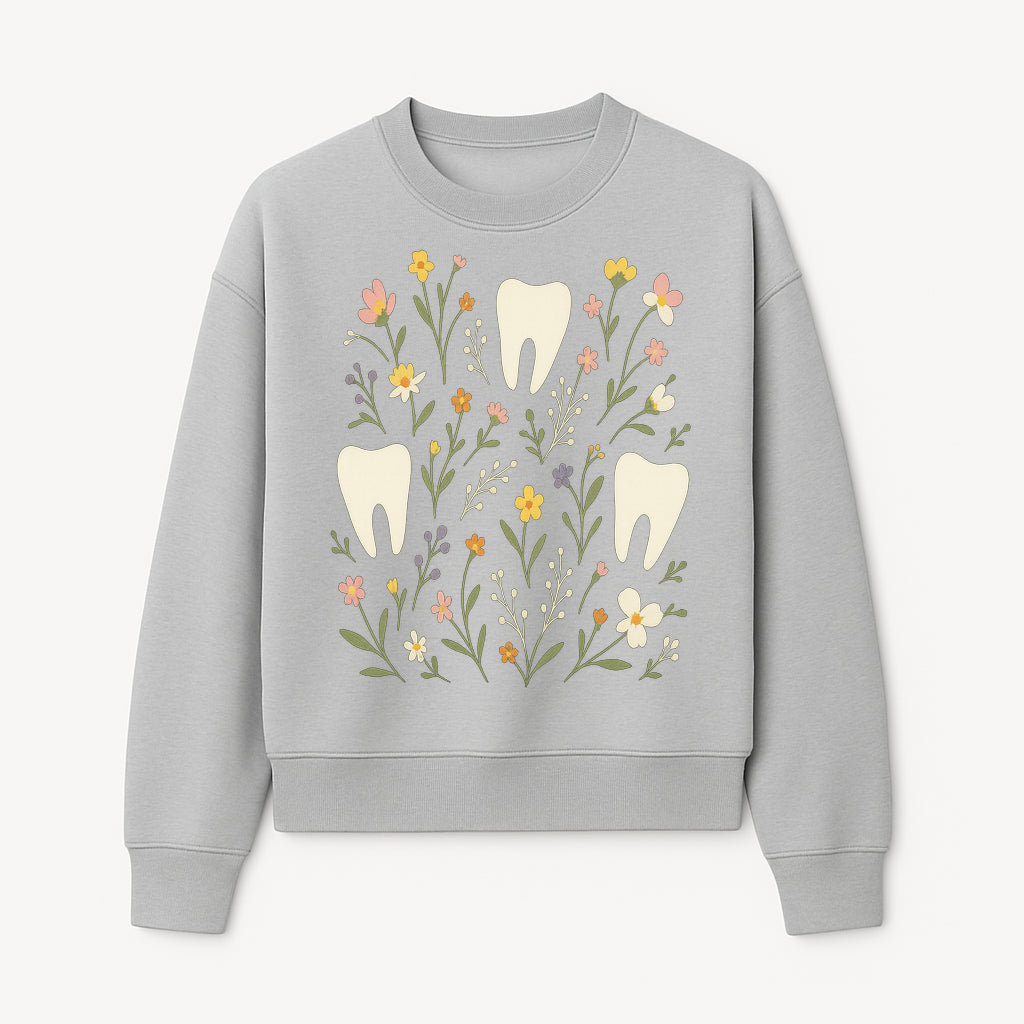 Floral Tooth Pattern Art Print | Cute Dental Decor | Tooth Fairy Nursery Wall Art | Spring Flower Design for Kids Room Decor - Sweatshirt 1758250109909.jpg