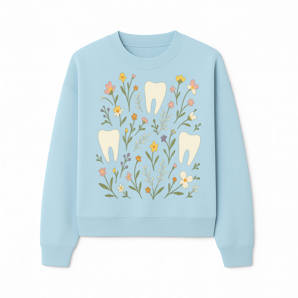 Floral Tooth Pattern Art Print | Cute Dental Decor | Tooth Fairy Nursery Wall Art | Spring Flower Design for Kids Room Decor - Sweatshirt 1758250110082.jpg