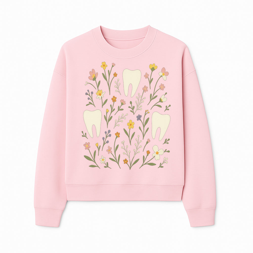 Floral Tooth Pattern Art Print | Cute Dental Decor | Tooth Fairy Nursery Wall Art | Spring Flower Design for Kids Room Decor - Sweatshirt 1758250110261.jpg