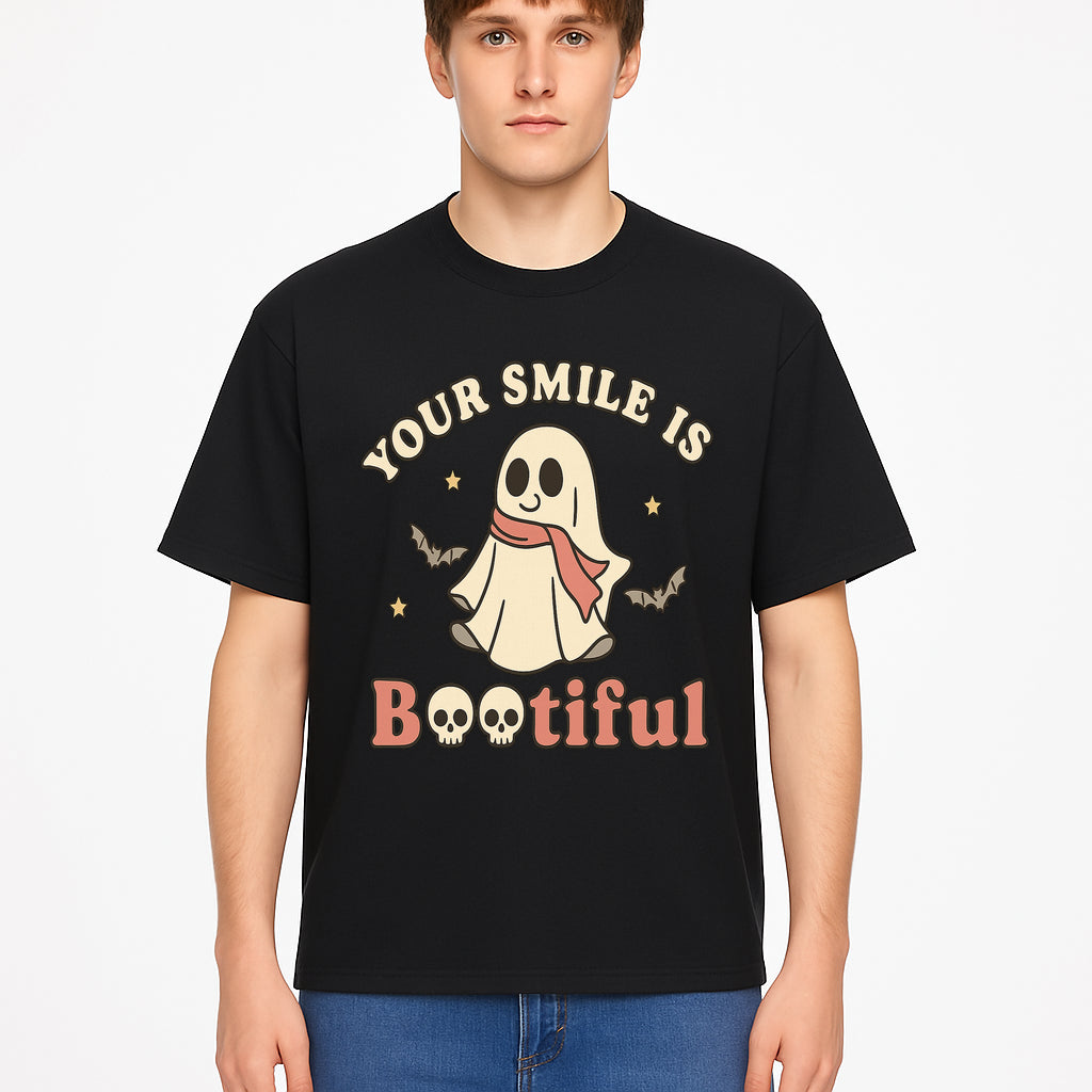 Cute Ghost Your Smile is Bootiful Halloween Design T-Shirt, Spooky Graphic Tee for Kids and Adults, Fun Autumn Apparel - T-shirt 1758250110386.jpg
