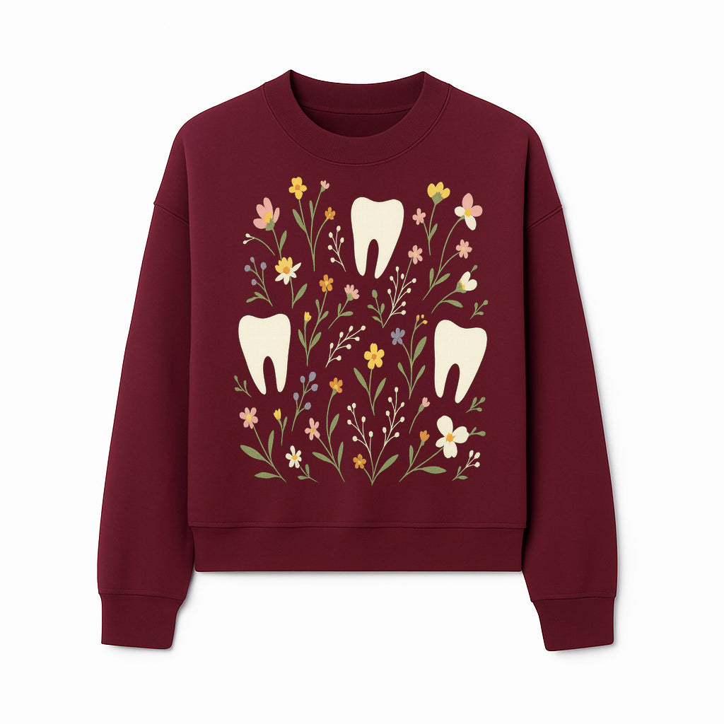 Floral Tooth Pattern Art Print | Cute Dental Decor | Tooth Fairy Nursery Wall Art | Spring Flower Design for Kids Room Decor - Sweatshirt 1758250110412.jpg