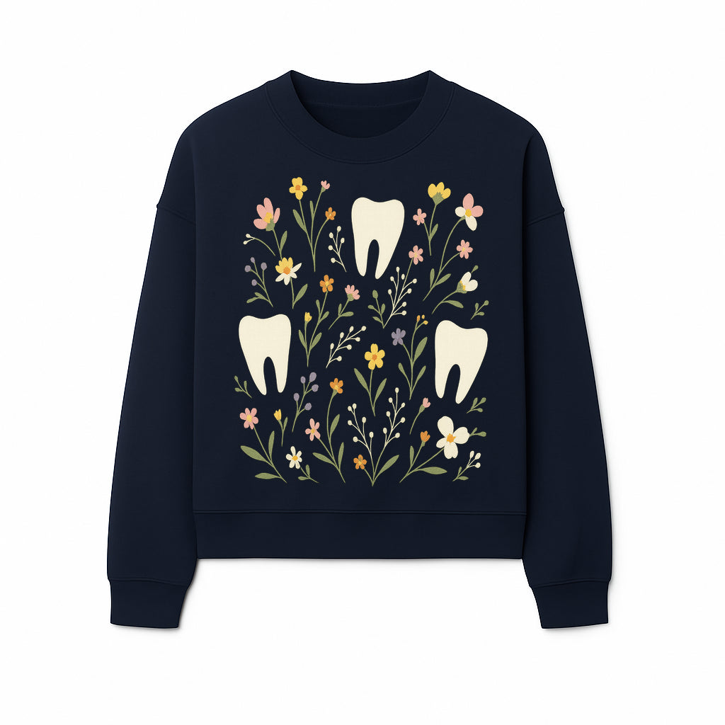 Floral Tooth Pattern Art Print | Cute Dental Decor | Tooth Fairy Nursery Wall Art | Spring Flower Design for Kids Room Decor - Sweatshirt 1758250110581.jpg