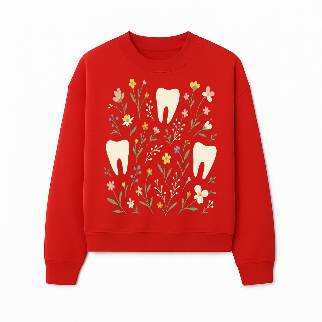 Floral Tooth Pattern Art Print | Cute Dental Decor | Tooth Fairy Nursery Wall Art | Spring Flower Design for Kids Room Decor - Sweatshirt 1758250110705.jpg