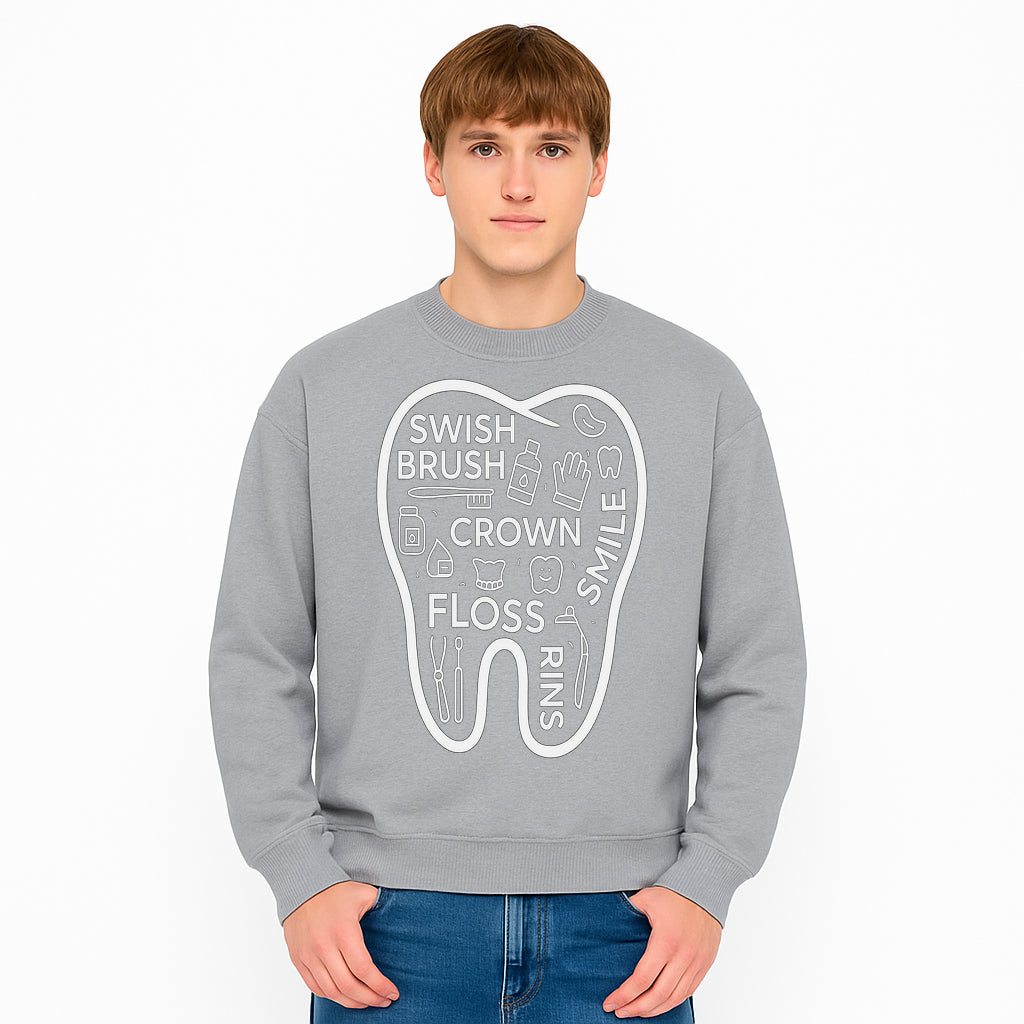 Dental Hygiene and Care Graphic Art Print - Tooth Icon with Swish, Brush, Floss, Crown, Smile Themes for Kids & Adults - Sweatshirt 1758250110726.jpg