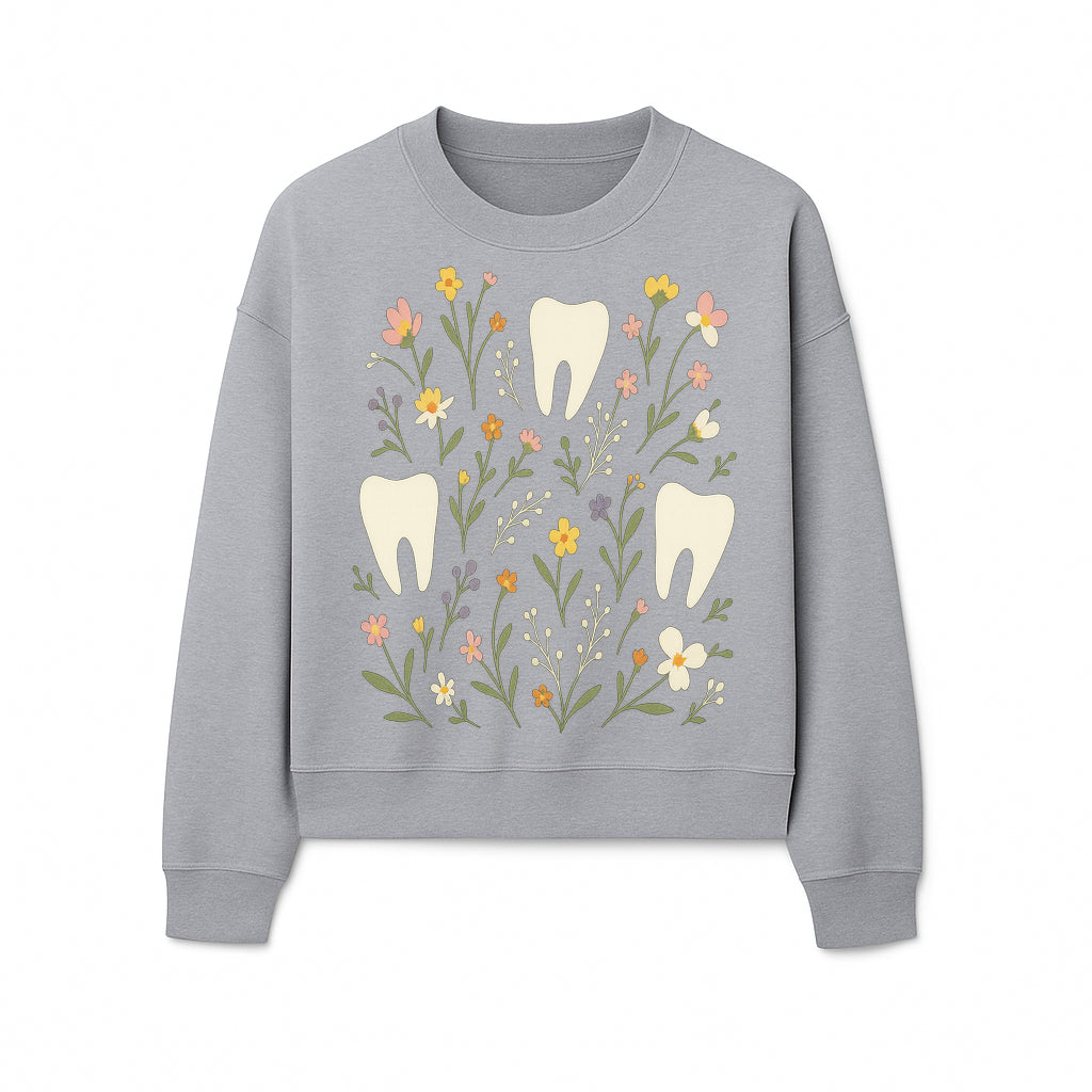 Floral Tooth Pattern Art Print | Cute Dental Decor | Tooth Fairy Nursery Wall Art | Spring Flower Design for Kids Room Decor - Sweatshirt 1758250110829.jpg