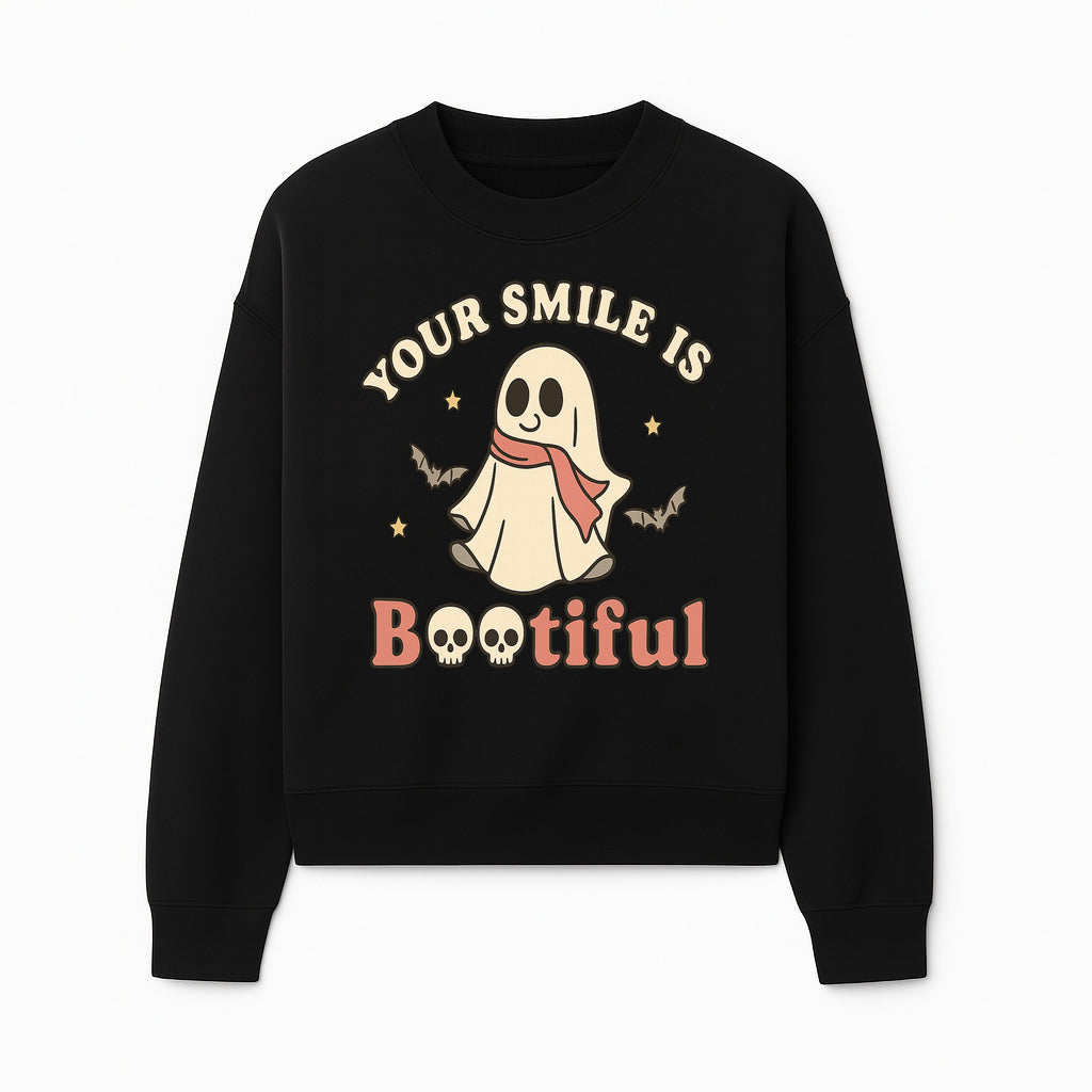 Cute Ghost Your Smile is Bootiful Halloween Design T-Shirt, Spooky Graphic Tee for Kids and Adults, Fun Autumn Apparel - Sweatshirt 1758250110844.jpg