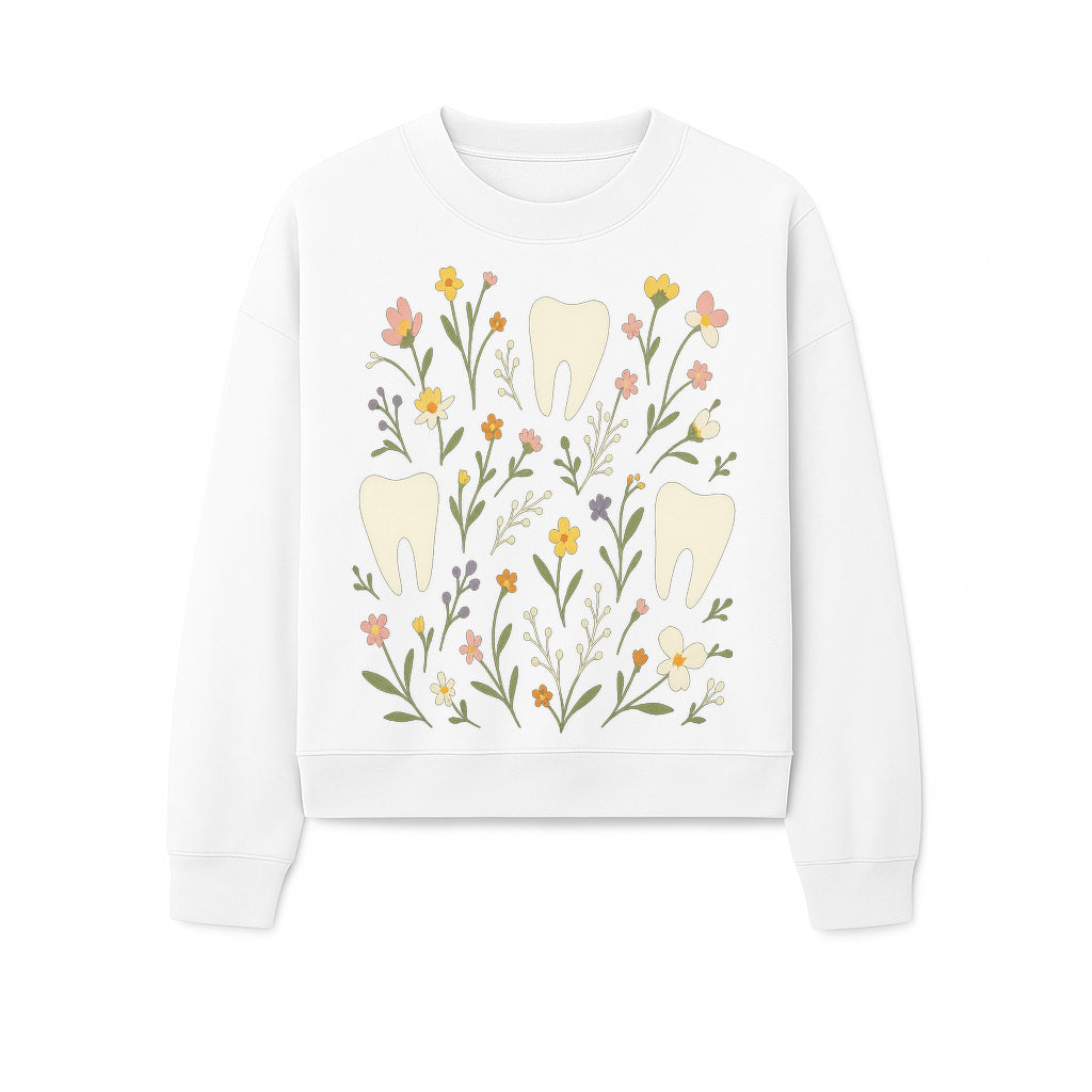 Floral Tooth Pattern Art Print | Cute Dental Decor | Tooth Fairy Nursery Wall Art | Spring Flower Design for Kids Room Decor - Sweatshirt 1758250110966.jpg