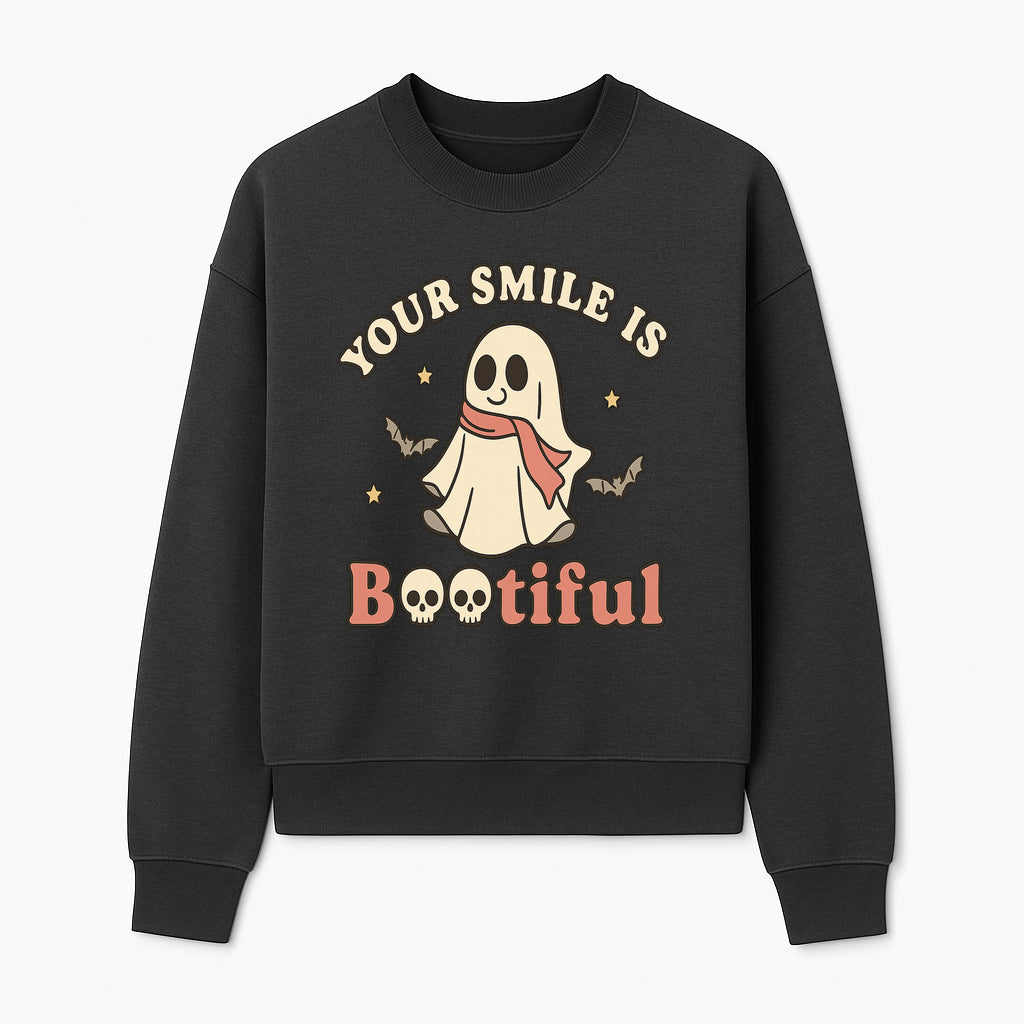 Cute Ghost Your Smile is Bootiful Halloween Design T-Shirt, Spooky Graphic Tee for Kids and Adults, Fun Autumn Apparel - Sweatshirt 1758250110990.jpg