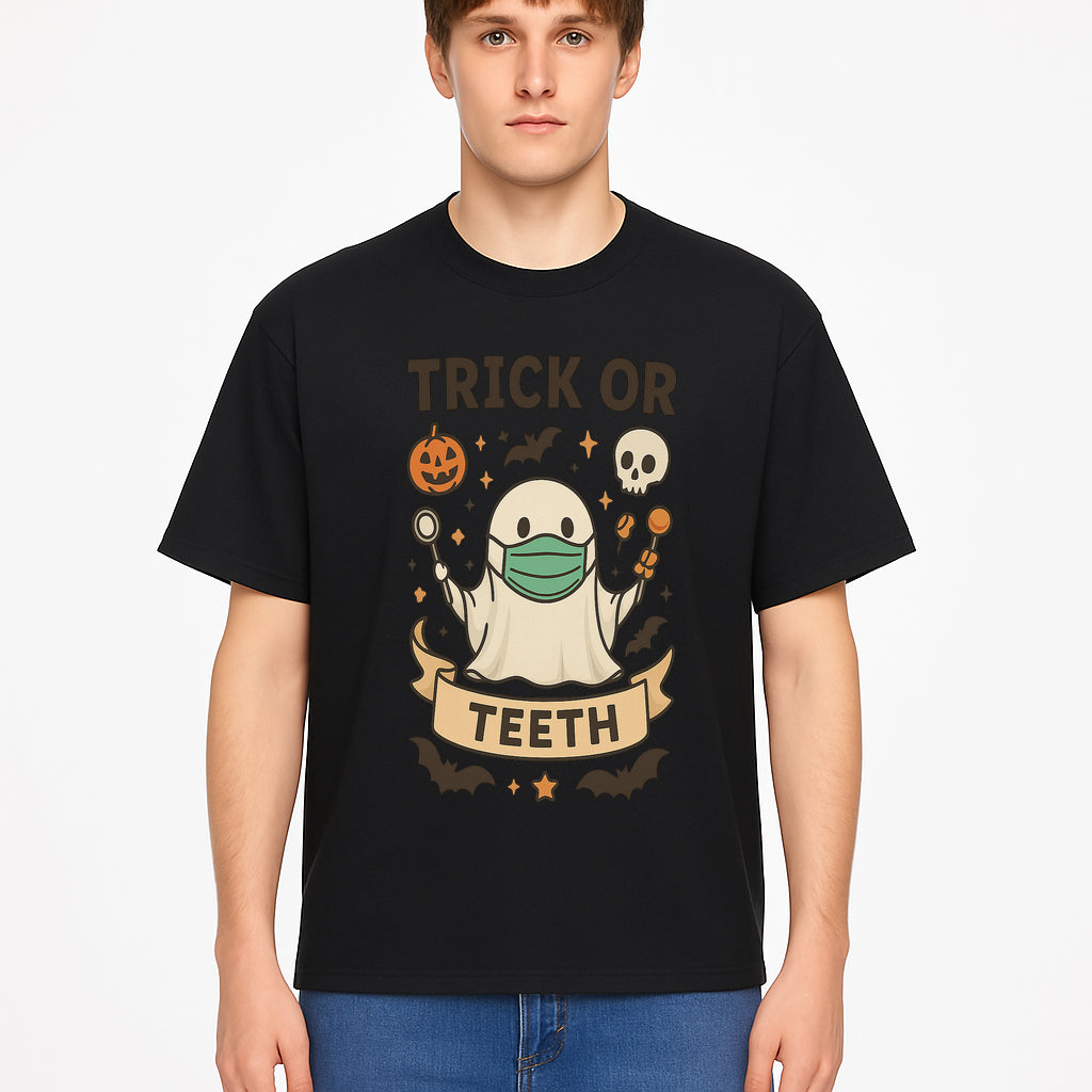 Trick or Teeth Ghost Halloween T-Shirt | Cute Spooky Design | Pumpkin & Skull Graphics | Perfect for Kids and Adults - T-shirt 1758250111033.jpg