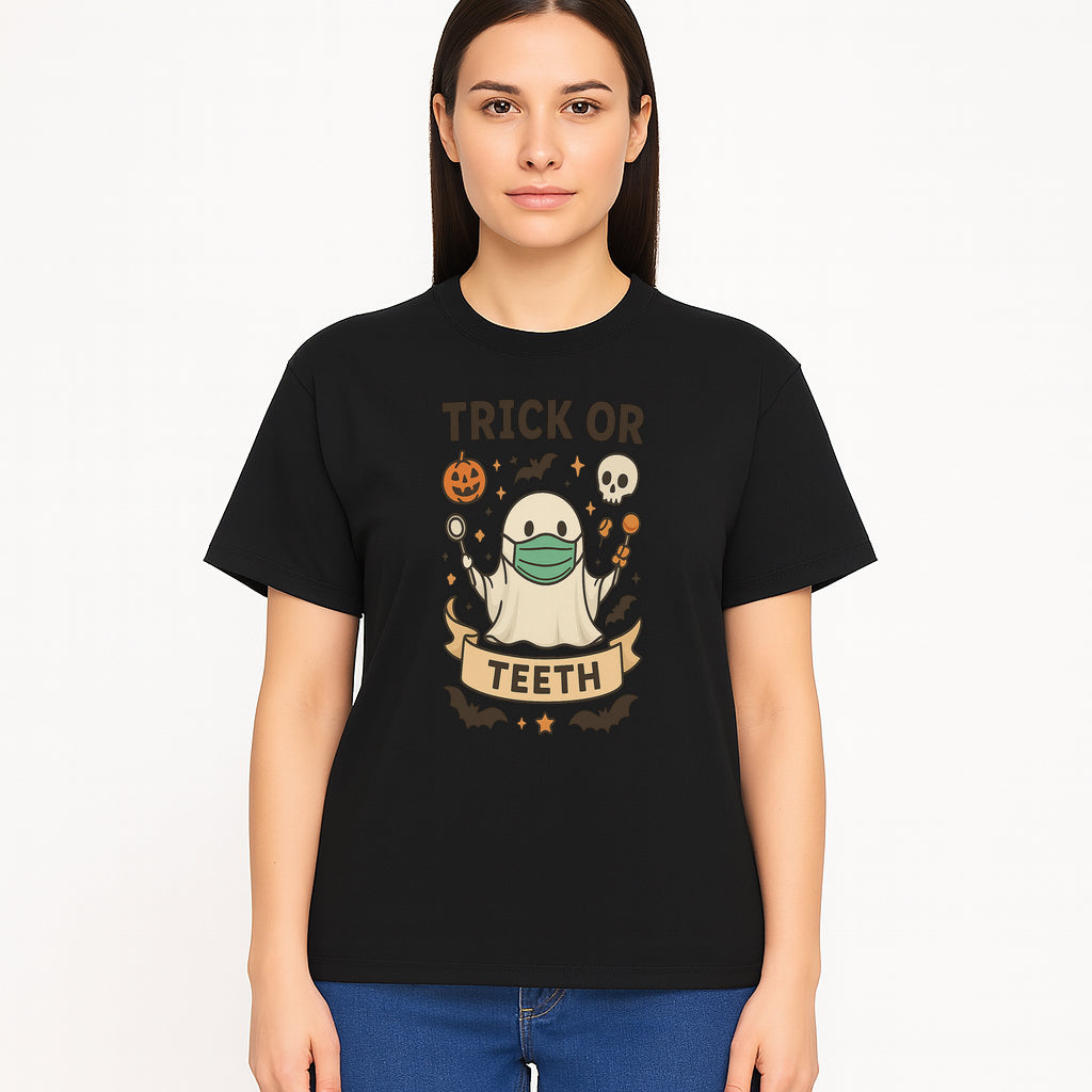 Trick or Teeth Ghost Halloween T-Shirt | Cute Spooky Design | Pumpkin & Skull Graphics | Perfect for Kids and Adults - T-shirt 1758250111172.jpg