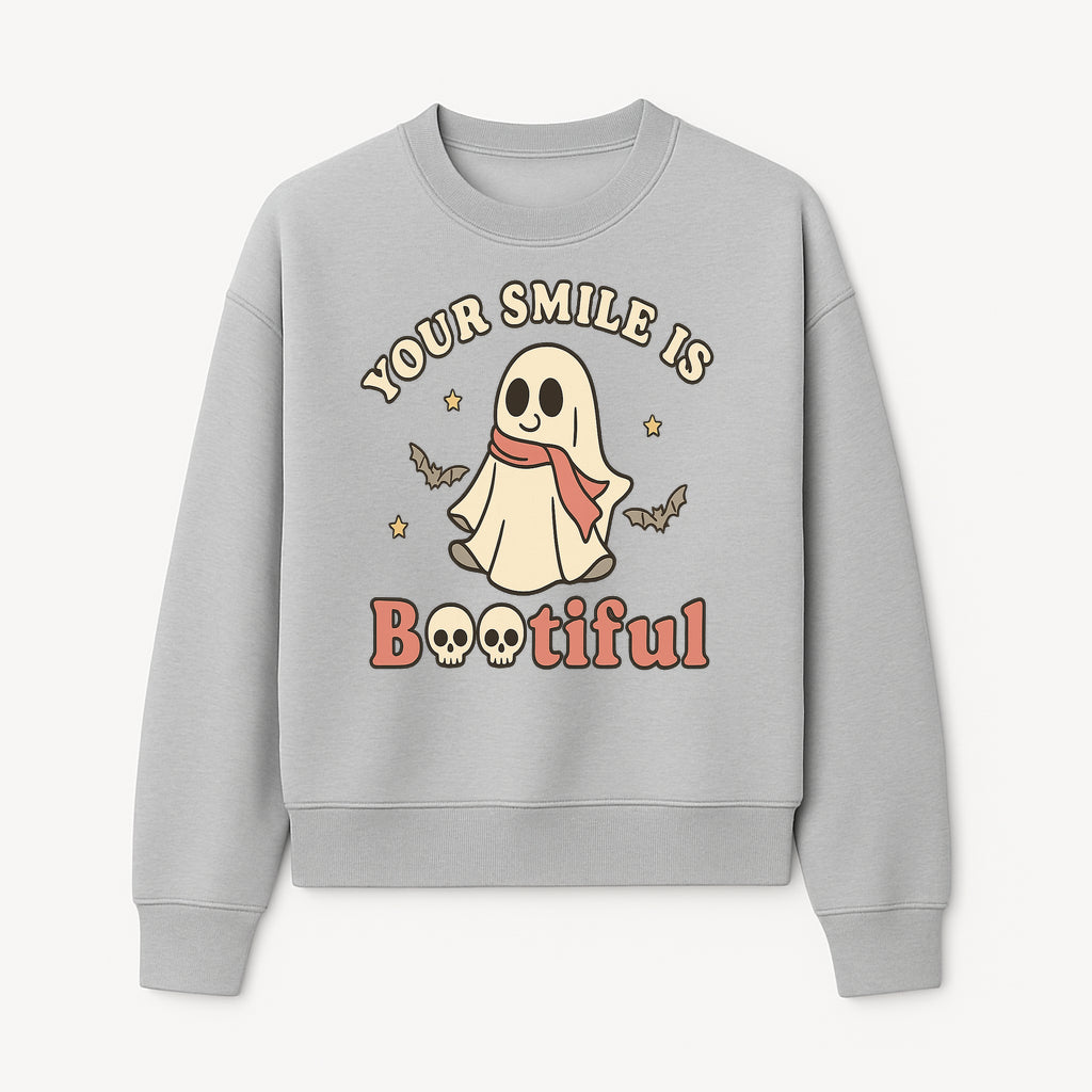 Cute Ghost Your Smile is Bootiful Halloween Design T-Shirt, Spooky Graphic Tee for Kids and Adults, Fun Autumn Apparel - Sweatshirt 1758250111277.jpg