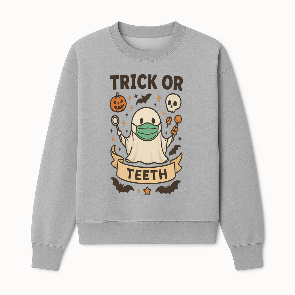 Trick or Teeth Ghost Halloween T-Shirt | Cute Spooky Design | Pumpkin & Skull Graphics | Perfect for Kids and Adults - Sweatshirt 1758250111315.jpg