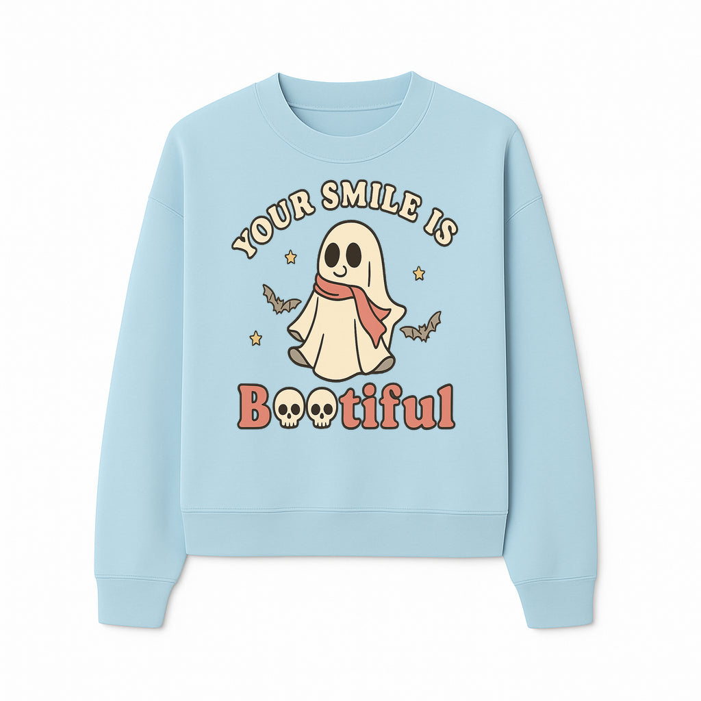 Cute Ghost Your Smile is Bootiful Halloween Design T-Shirt, Spooky Graphic Tee for Kids and Adults, Fun Autumn Apparel - Sweatshirt 1758250111478.jpg