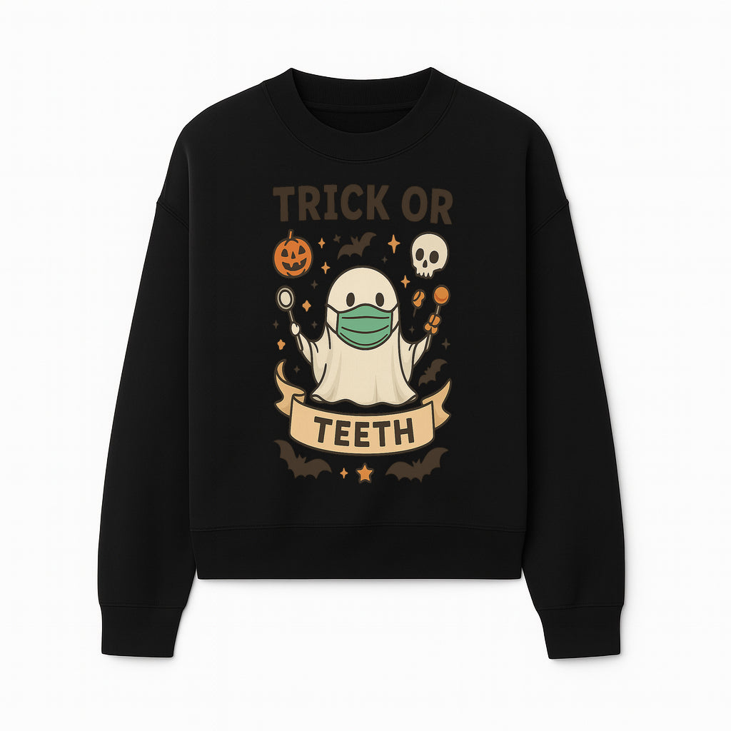 Trick or Teeth Ghost Halloween T-Shirt | Cute Spooky Design | Pumpkin & Skull Graphics | Perfect for Kids and Adults - Sweatshirt 1758250111483.jpg