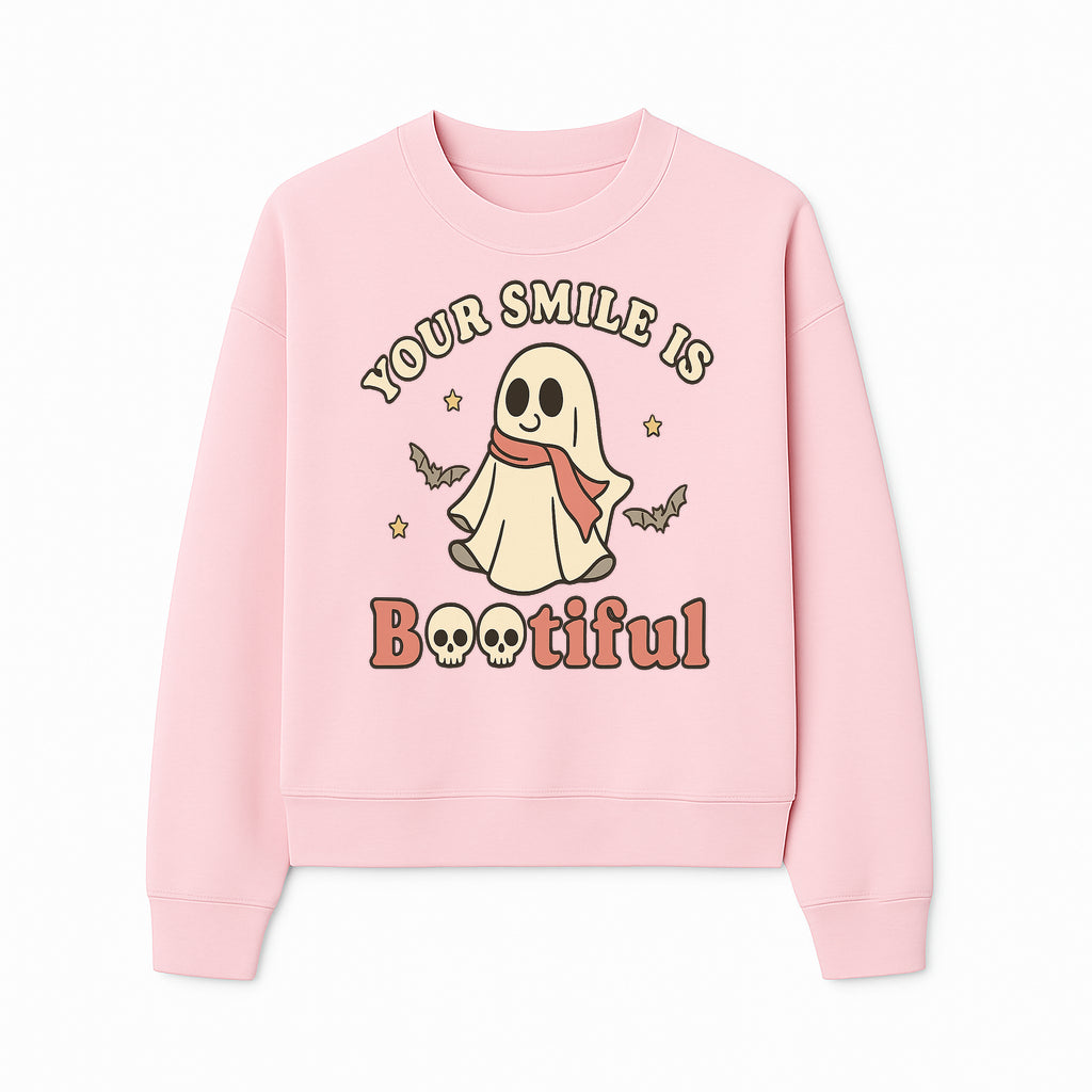 Cute Ghost Your Smile is Bootiful Halloween Design T-Shirt, Spooky Graphic Tee for Kids and Adults, Fun Autumn Apparel - Sweatshirt 1758250111624.jpg