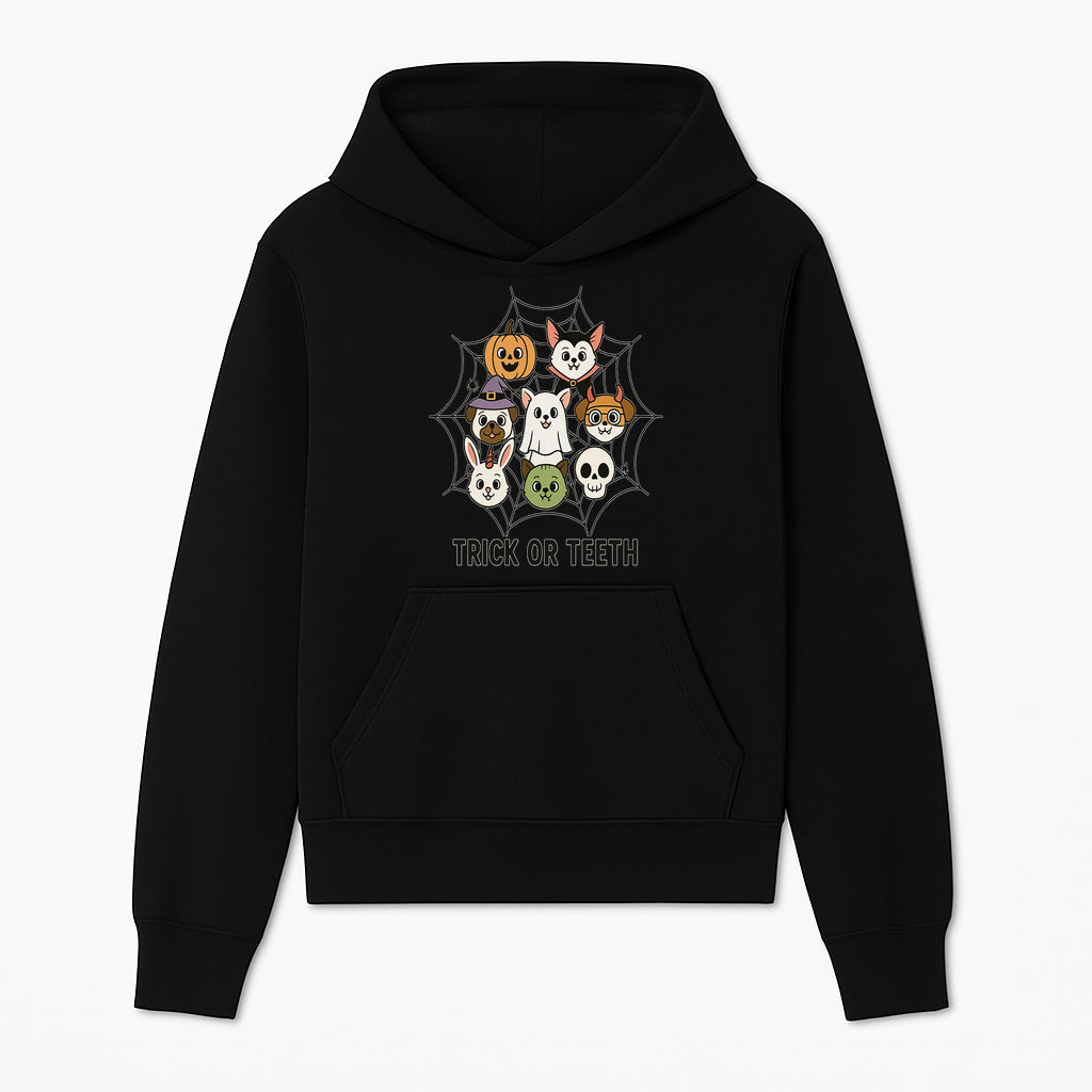 Cute Halloween Pet Characters in Spiderweb - Trick or Teeth Design for Kids' Apparel and Decor - Hoodie 1758250111678.jpg
