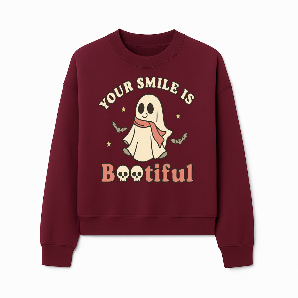 Cute Ghost Your Smile is Bootiful Halloween Design T-Shirt, Spooky Graphic Tee for Kids and Adults, Fun Autumn Apparel - Sweatshirt 1758250111783.jpg