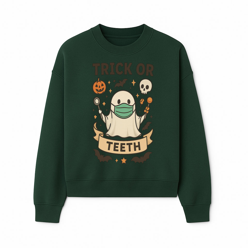 Trick or Teeth Ghost Halloween T-Shirt | Cute Spooky Design | Pumpkin & Skull Graphics | Perfect for Kids and Adults - Sweatshirt 1758250111823.jpg