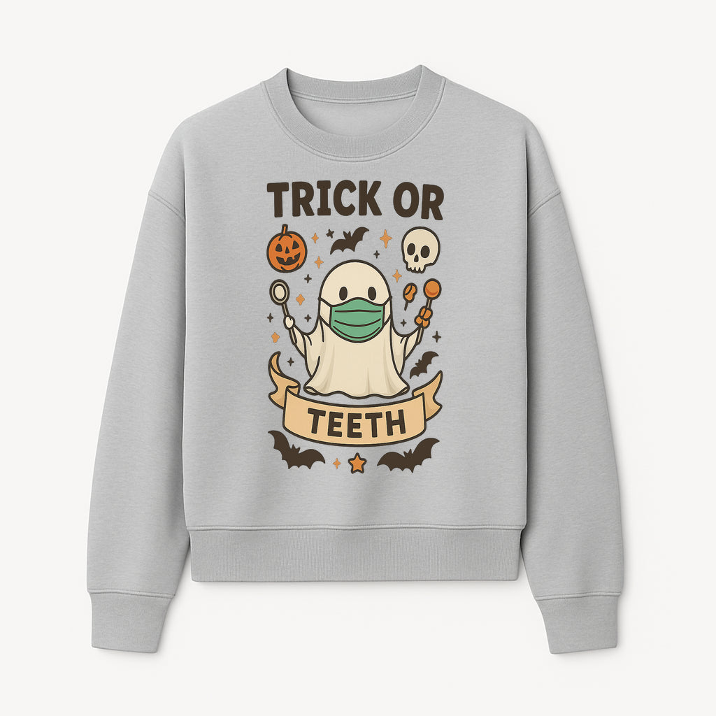 Trick or Teeth Ghost Halloween T-Shirt | Cute Spooky Design | Pumpkin & Skull Graphics | Perfect for Kids and Adults - Sweatshirt 1758250111977.jpg