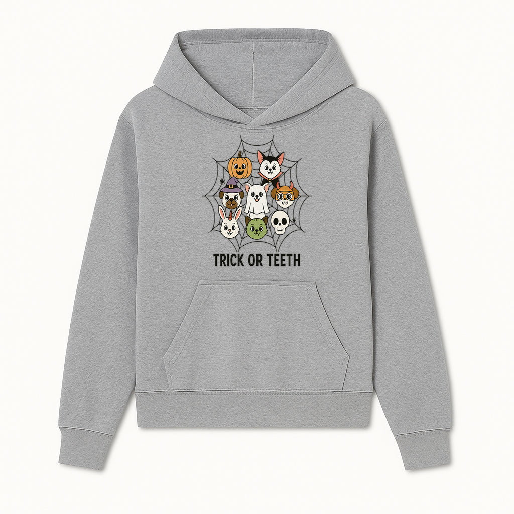 Cute Halloween Pet Characters in Spiderweb - Trick or Teeth Design for Kids' Apparel and Decor - Hoodie 1758250112094.jpg