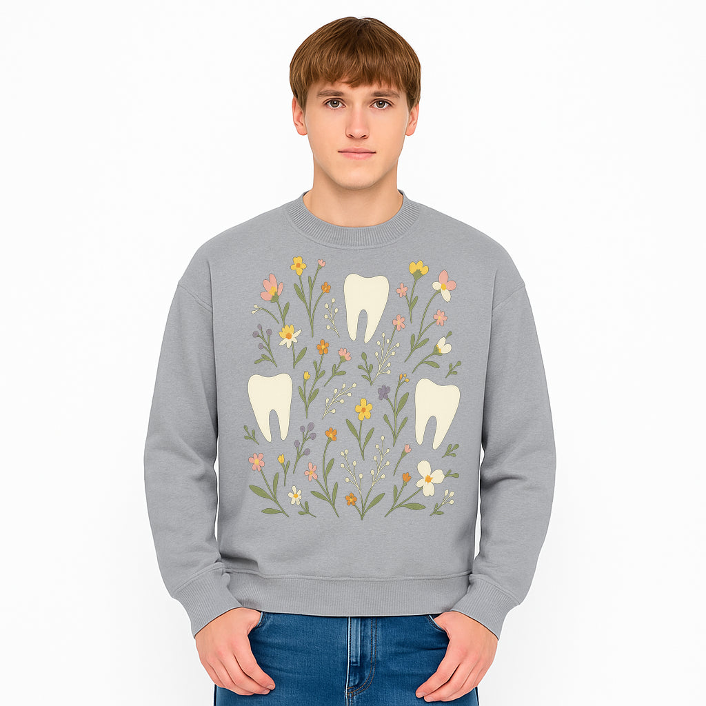 Floral Tooth Pattern Art Print | Cute Dental Decor | Tooth Fairy Nursery Wall Art | Spring Flower Design for Kids Room Decor - Sweatshirt 1758250112113.jpg