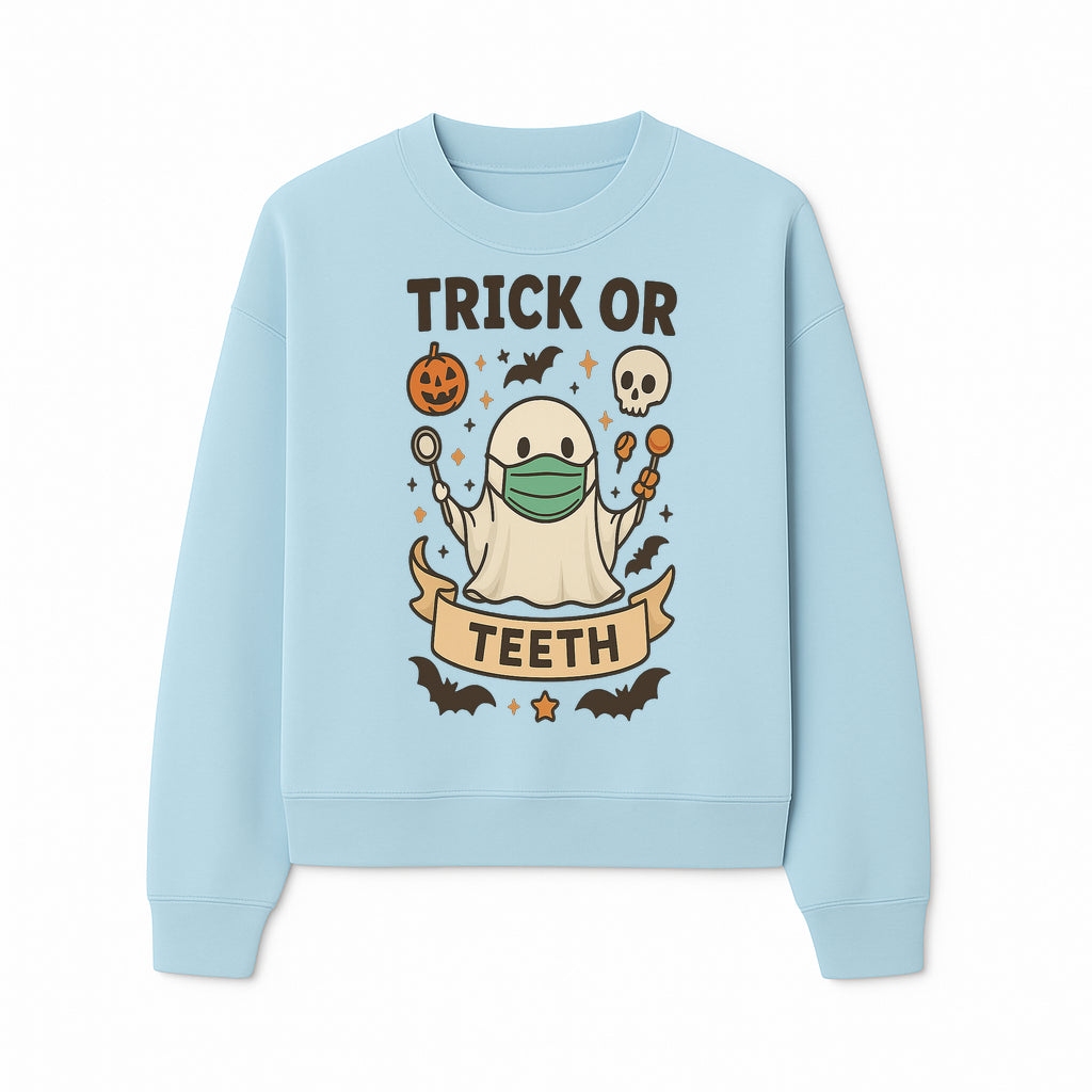 Trick or Teeth Ghost Halloween T-Shirt | Cute Spooky Design | Pumpkin & Skull Graphics | Perfect for Kids and Adults - Sweatshirt 1758250112129.jpg