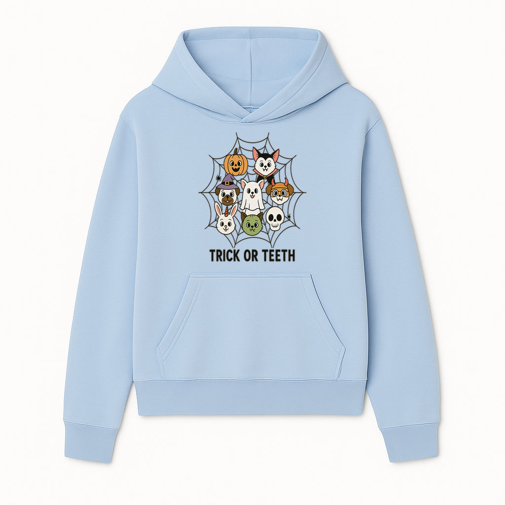 Cute Halloween Pet Characters in Spiderweb - Trick or Teeth Design for Kids' Apparel and Decor - Hoodie 1758250112234.jpg