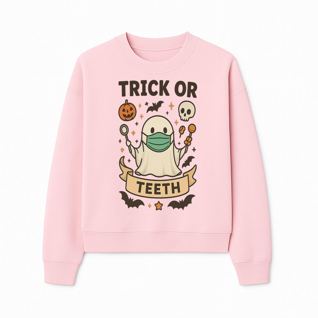 Trick or Teeth Ghost Halloween T-Shirt | Cute Spooky Design | Pumpkin & Skull Graphics | Perfect for Kids and Adults - Sweatshirt 1758250112279.jpg