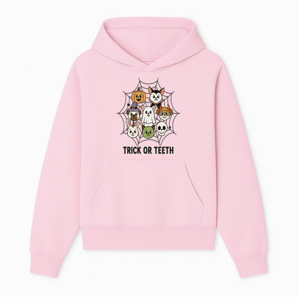 Cute Halloween Pet Characters in Spiderweb - Trick or Teeth Design for Kids' Apparel and Decor - Hoodie 1758250112374.jpg